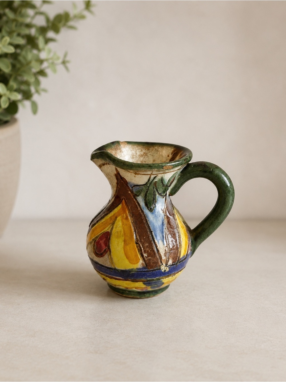 Vintage Miniature Hand Painted in Italy Pottery Creamer Pitcher Rustic Folk Art